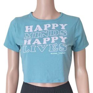Social Tourist Blue Crop T-Shirt M Happy Minds Happy Lives Short Sleeves
